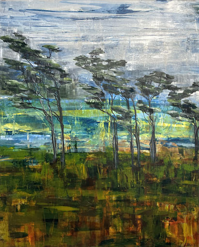 Rosemary Eaglesnz abstract landscape artist, along the coast, acrylic on linen